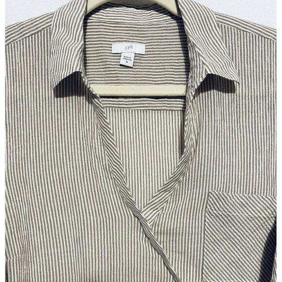 J Jill Top Womens Medium Brown Striped Faux Wrap V Neck Roll Tab Sleeves Boho - Picture 4 of 10